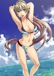  armpits arms_behind_head arms_up bikini brown_hair contrapposto cuvie high_ponytail hips long_hair ocean original ponytail purple_eyes solo standing swimsuit very_long_hair water 