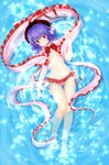  afloat bad_id bad_pixiv_id bikini bikini_bottom blue_hair breasts capelet hat lying medium_breasts midriff nagae_iku nekokotei on_back red_bikini red_eyes ribbon shawl smile solo swimming swimsuit touhou underboob water 