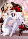  :o absurdres blonde_hair blush breasts chair covered_nipples detached_sleeves dress dress_lift headdress highres kinmedai_pink long_hair open_mouth original panties panties_around_one_leg red_eyes see-through shoes single_shoe sitting sitting_sideways small_breasts solo sweat thighhighs underwear 