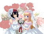  bare_shoulders black_hair blonde_hair blue_eyes bouquet braid chloe_valens dress flower gloves hair_flower hair_ornament jewelry lipstick long_hair makeup multiple_girls mytholo pink_flower pink_rose rose shirley_fennes short_hair tales_of_(series) tales_of_legendia very_short_hair wedding wedding_dress white_flower white_gloves white_rose yellow_eyes 