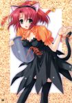  absurdres animal_ears black_legwear breasts cat cat_ears cat_tail cleavage copyright_request dress highres kimizuka_aoi medium_breasts ponytail red_hair solo tail thighhighs tray waitress yellow_eyes 