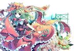  arm_ribbon bad_id bad_pixiv_id bondson bow dress flower frilled_dress frills front_ponytail green_eyes green_hair hair_bow hair_ornament hair_ribbon kagiyama_hina leaf long_hair looking_at_viewer open_mouth outstretched_arms red_dress ribbon solo touhou 
