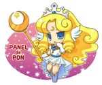  aogiri_rick blonde_hair blue_eyes boots chibi crescent_moon crown curly_hair dress facial_mark forehead_mark gloves long_hair lowres moon nintendo panel_de_pon seren_(panel_de_pon) sidelocks smile solo staff star white_gloves wings 