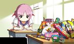  classroom desk game_cg hiide pink_hair school_desk school_uniform serafuku snack solo studying yotsunoha yuzuki_iori 