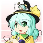  2girls :d :o blush_stickers bow chibi dual_persona gem green_eyes green_hair hat hat_bow heart heart_of_string komeiji_koishi long_hair multiple_girls o_o open_mouth smile third_eye touhou translated urushi 