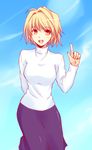  :d arcueid_brunestud blonde_hair breasts cloud day long_skirt medium_breasts misamaki_(pixiv295747) open_mouth pointing pullover purple_skirt red_eyes short_hair skirt sky smile solo sweater tsukihime turtleneck 