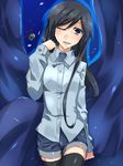  akatoro_(nightlord) blue_eyes highres kamen_rider kamen_rider_ooo_(series) long_hair mezul o_medal one_eye_closed shorts solo thighhighs 