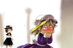  bad_id bad_pixiv_id blonde_hair blush bow brown_eyes brown_hair capelet chibi covering_mouth crying crying_with_eyes_open dress hachi_(8bit_canvas) hat long_hair maribel_hearn multiple_girls open_mouth outstretched_arm purple_eyes running short_hair skirt sweatdrop tears touhou usami_renko yuri 