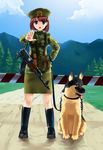  ak-47 assault_rifle blue_eyes blush boots brown_hair cloud copyright_request day dog gate german_shepherd gun hair_ornament hairclip hammer_and_sickle hand_on_hip hat kgb leash military military_uniform mizuki_(mizuki_ame) mountain open_mouth outstretched_hand rifle road serious skirt sky solo soviet tongue tree uniform weapon 