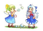  :o acrylic_paint_(medium) ahoge blue_dress blue_eyes blue_hair bow bubble bubble_blowing bubble_pipe cirno colored_pencil_(medium) daiyousei dress fairy_wings grass green_eyes green_hair hair_bow large_bow mary_janes multiple_girls shoes short_hair side_ponytail terrajin touhou traditional_media wings 