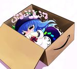  1girl =_= amazon_(company) blue_hair blush box chibi closed_eyes dress food fruit hands_on_own_cheeks hands_on_own_face hat hinanawi_tenshi in_box in_container long_hair multicolored multicolored_clothes multicolored_dress peach purple_dress solo touhou trembling white_dress yume_shokunin 