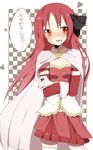  asymmetrical_clothes bad_id bad_pixiv_id blush bow cape checkered checkered_background cosplay crossed_arms gloves hair_bow hair_down long_hair magical_girl mahou_shoujo_madoka_magica miki_sayaka miki_sayaka_(cosplay) red_eyes red_hair sakura_kyouko solo thighhighs translated white_gloves white_legwear yarawi zettai_ryouiki 