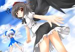  2girls :d arms_up black_hair black_neckwear black_ribbon black_skirt black_wings blue_bow blue_eyes blue_hair bow buttons cirno cloud day dress from_behind hair_bow hands hat ice ice_wings kazami_karasu multiple_girls neck_ribbon open_mouth puffy_short_sleeves puffy_sleeves red_eyes red_ribbon ribbon ribbon-trimmed_shirt shameimaru_aya shirt short_hair short_sleeves skirt skirt_set smile socks teeth tokin_hat touhou white_legwear white_shirt wings 
