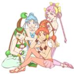  amazons_quartet bare_shoulders bishoujo_senshi_sailor_moon blue_eyes blue_hair bow breasts cerecere_(sailor_moon) cleavage esuya green_eyes green_hair junjun_(sailor_moon) leggings medium_breasts multi-tied_hair multiple_girls pallapalla_(sailor_moon) pink_eyes pink_hair red_eyes red_hair sandals vesves_(sailor_moon) white_background yellow_bow 