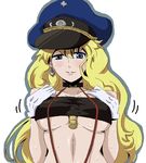  bandeau between_breasts blonde_hair blue_eyes breasts choker gloves hat large_breasts long_hair macross macross_frontier peaked_cap sheryl_nome sima solo strapless suspenders tubetop 