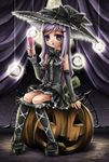  blouse bow detached_sleeves examheart hairclip halloween hat hat_ribbon jack-o&#039;-lantern kneehighs long_hair pumpkin purple_eyes purple_hair ribbon shoes sitting skirt sleeveless_blouse wine wine_glass witch_hat 