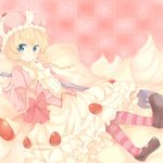  blonde_hair blue_eyes blush braid cake food food_themed_clothes fork hat in_food maruki_(punchiki) mary_janes minigirl original oversized_object pantyhose personification pink shoes solo strawberry_shortcake striped striped_legwear twin_braids 