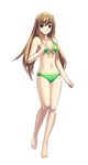  absurdres alternate_costume ar_tonelico ar_tonelico_i aurica_nestmile barefoot bikini blue_eyes bow brown_hair commentary cross_edge feet front-tie_top full_body hair_bow hair_ribbon hands highres hirano_katsuyuki long_hair navel official_art ribbon simple_background smile solo swimsuit thigh_gap 