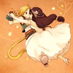  1girl belt blonde_hair blush brown_hair couple dress final_fantasy final_fantasy_ix garnet_til_alexandros_xvii gloves green_eyes hair_ornament hetero high_heels long_hair low-tied_long_hair nose_blush noses_touching orange_background ryohakkai shoes short_hair tail zidane_tribal 