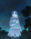  blue blue_eyes blue_hair breath from_below ikeda_jun_(mizutamari) night night_sky original scarf skirt sky solo thighhighs tree zettai_ryouiki 