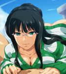  aqua_eyes ass black_hair bottomless breasts cleavage collarbone day glasses hairu hetero large_breasts long_hair naked_sweater nico_robin no_pants one_piece one_piece:_strong_world paizuri paizuri_under_clothes penis striped striped_sweater sweater 