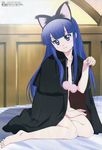  absurdres aizawa_masahiro animal_ears barefoot bed bed_sheet blue_eyes blue_hair blush cape cat_ears hazuki_(tsukuyomi) highres kneeling megami naked_cape nude official_art paw_pose shadow smile solo tsukuyomi_moonphase 