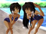  2girls black_hair brown_eyes clannad dark_skin erect_nipples fujibayashi_kyou fujibayashi_ryou golden_eyes high_res leaning_forward long_hair mizugi norizou_type-r open_mouth pool poolside short_hair siblings sisters sukumizu 