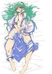  areolae bed blush breasts brown_eyes cleavage clenched_teeth dakimakura detached_sleeves frog green_hair hair_ornament hirowa_nagi kochiya_sanae large_breasts long_hair lying miko motion_blur motion_lines nipples on_back onanism open_clothes oppai pussy_juice sweat teeth touhou 
