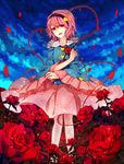  bad_id bad_pixiv_id dress embellished_costume flower frills hairband heart homura_(aristocrat-y) komeiji_satori long_sleeves open_mouth petals pink_hair red_eyes red_flower red_rose rose rose_petals short_hair solo sparkle third_eye touhou 