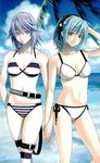  beach bikini blue_eyes blue_hair breasts candy closed_mouth day food food_in_mouth hairband highres holding_hands ikeda_akihisa kurono_kurumu lollipop long_hair medium_breasts multiple_girls navel ocean official_art purple_eyes purple_hair rosario+vampire scan shirayuki_mizore smile standing stomach swimsuit water 