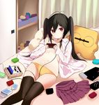  black_hair black_legwear famicom game_console long_hair looking_at_viewer open_clothes open_shirt original panties playing_games red_eyes shirt skirt solo thighhighs tsuzuri_(itosousou) twintails underwear yellow_panties 