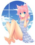  animal_ears aqua_eyes bad_deviantart_id bad_id bare_legs bare_shoulders barefoot blue_eyes cat_ears circle colored_eyelashes copyright_request crossed_legs dress feet gradient_eyes hitsukuya legs multicolored multicolored_eyes open_mouth pink_hair short_hair sitting sky soles solo 