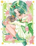  akimoto_komachi bare_shoulders bow brooch bug butterfly choker creature cure_mint dress flower full_body green_choker green_eyes green_hair high_heels insect jewelry long_hair lowres magical_girl maya+ nuts_(yes!_precure_5) polka_dot_border precure red_flower red_rose ribbon rose shoes smile solo yes!_precure_5 