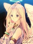  angel angel_wings armlet atashi_no_kakedashi_yuusha-sama blonde_hair blush earrings feathered_wings grey_eyes halo highres jewelry long_hair necklace shijimi_(osumashi) smile solo white_wings wings 