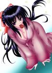  all_fours black_hair bow breasts cleavage covered_nipples hair_bow highres japanese_clothes kimono large_breasts long_hair matra_milan mouth_hold naughty_face noihara_himari official_art omamori_himari ponytail purple_eyes seductive_smile smile solo very_long_hair 