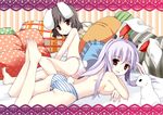  animal_ears ass black_hair breast_press breasts bunny bunny_ears bunny_tail flat_chest frilled_pillow frills fujy inaba_tewi lavender_hair long_hair looking_at_viewer lying medium_breasts multiple_girls on_stomach panties pillow pink_panties red_eyes reisen_udongein_inaba sitting small_breasts striped striped_panties tail topless touhou underwear underwear_only 