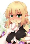  bare_shoulders blonde_hair blush breasts ear_blush embarrassed face green_eyes kotomuke_fuurin large_breasts mizuhashi_parsee nail_art nail_polish pointy_ears self_fondle short_hair solo tears touhou upper_body 