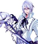  aeon akumajo_dracula blue_eyes castlevania castlevania_judgment clock formal gloves silver_hair smile suit sword weapon 