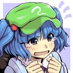  backpack bag blue_eyes blue_hair blush clenched_hands face fang hair_bobbles hair_ornament hat kawashiro_nitori open_mouth shiba_itsuki solo teardrop tears touhou two_side_up 