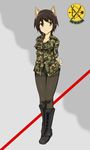  animal_ears arms_behind_back bad_id bad_pixiv_id black_hair black_legwear boots brown_eyes camouflage commentary cross-laced_footwear crotch_seam dakku_(ogitsune) panties panties_under_pantyhose pantyhose sleeves_rolled_up solo strike_witches_1991 tail thighband_pantyhose underwear uniform world_witches_series 