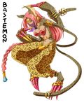  :q animal_ears anklet arai_nobu armlet bastemon bracelet braid breasts cat_ears cat_tail claws cleavage digimon earrings gem hair_ornament harem_pants jewelry long_hair medium_breasts multiple_tails navel necklace pants pink_hair ring simple_background single_braid solo tail text_focus tiara toe_ring tongue tongue_out veil very_long_hair yellow_eyes 