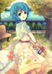  bench blue_eyes blue_hair book dress flower hair_ornament otoha_shiori robosuke roudoku_shoujo solo tree 