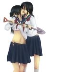  2girls black_hair bra eyes_closed french_kiss fujiyoshi_harumi kiss kitsu_chiri long_hair megane navel open_mouth pantsu sayonara_zetsubou_sensei school_uniform serafuku shirt_lift shovel skirt tongue 