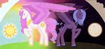  alicorn cutie_mark day duo equine female feral friendship_is_magic hair horn horse mammal moon my_little_pony night pegacorn pink_hair pony princess_celestia_(mlp) princess_luna_(mlp) sibling sisters sun unknown_artist winged_unicorn wings 