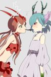  2girls antlers bad_id bad_pixiv_id banned_artist blue_hair blush c_(control) choker dress eating flower green_eyes hair_flower hair_ornament harano head_wings horns mashu_(control) midas_money money multiple_girls navel pale_skin pointy_ears q_(control) red_eyes red_hair shared_food strapless tubetop 