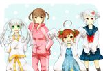  accelerator ahoge albino brown_eyes brown_hair dress flower genderswap genderswap_(mtf) green_eyes hair_flower hair_ornament index jacket last_order long_hair multiple_girls nun pants peony_(peony33) red_eyes safety_pin school_uniform serafuku short_hair short_twintails suzushina_yuriko takitsubo_rikou to_aru_majutsu_no_index track_jacket track_pants track_suit twintails white_hair 