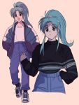  1girl black_legwear black_sweater blue_hair botan_(yuu_yuu_hakusho) casual denim eyebrows_visible_through_hair high_ponytail highres jacket jeans long_hair long_sleeves looking_at_viewer multiple_views pants ponytail purple_eyes shirt socks sweater v087 white_shirt yuu_yuu_hakusho 