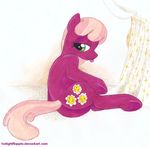  butt cheerilee_(mlp) equine female feral flower friendship_is_magic horse mammal my_little_pony pinup plain_background pony pose solo tongue twilightflopple white_background 