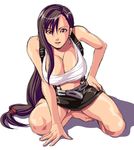  1girl bare_arms barefoot breasts brown_hair cleavage feet final_fantasy final_fantasy_vii hand_on_hip kneeling long_hair low-tied_long_hair simple_background solo thighs tifa_lockhart 