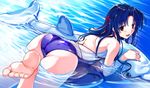  ass back barefoot black_eyes blue_hair cradle_(artist) dolphin feet game_cg highres inflatable_dolphin inflatable_raft inflatable_toy koga_sayoko long_hair long_toenails misaki_kurehito one-piece_swimsuit reference_work soles solo suiheisen_made_nan_mile? swimsuit toenails water 